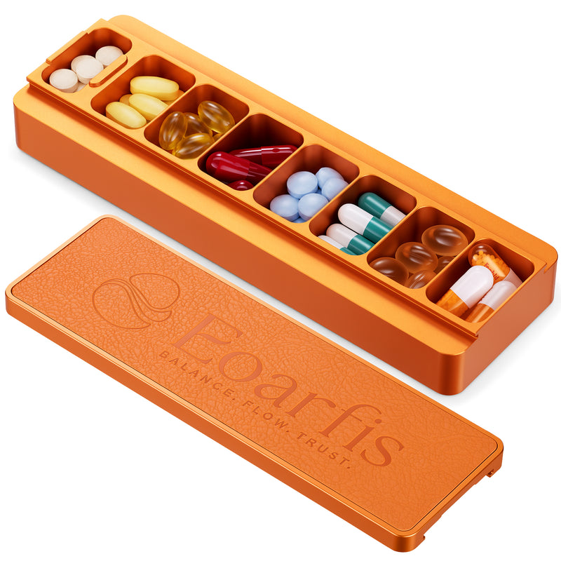 100% Aluminium Pill Organiser – 8-Slot CNC Metal Supplement Box (Lychee Grain Finish)